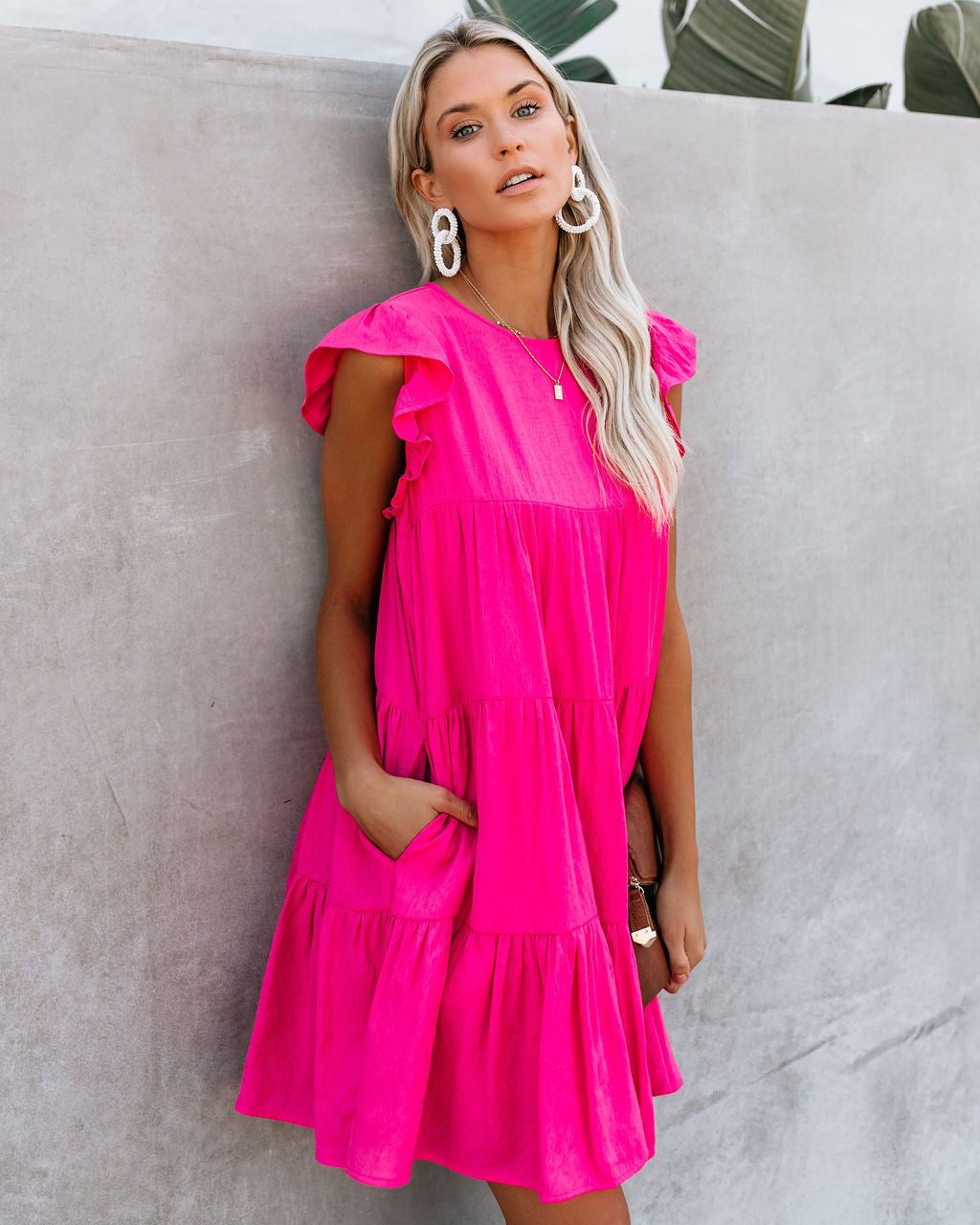 East Coast Pocketed Tiered Babydoll Dress Fuchsia