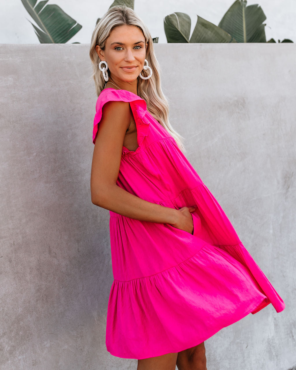 East Coast Pocketed Tiered Babydoll Dress Fuchsia