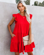 East Coast Pocketed Tiered Babydoll Dress Red