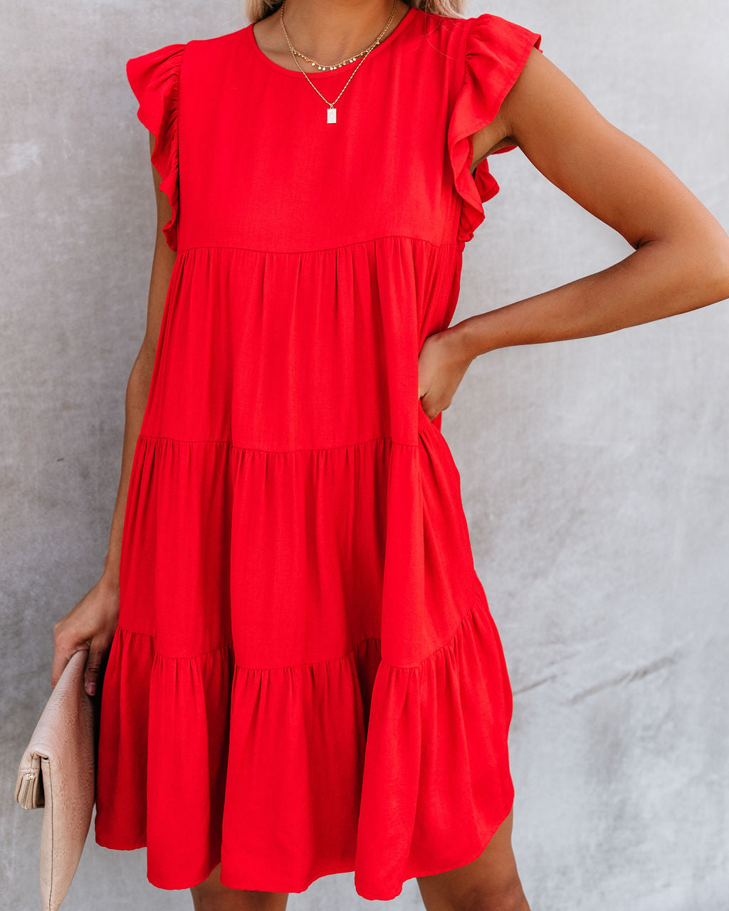 East Coast Pocketed Tiered Babydoll Dress Red