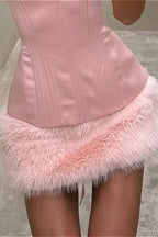 Solid Fuzzy Paneled Tie Waist Sexy Mini Dress