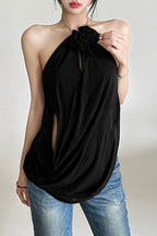 Solid Loose Flowy Halter Backless Blouse