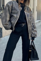 Faux Leather Zipper Bomber Jacket