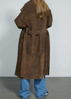 Suede Belted Long Trench Coat – Oversized Double-Breasted Brown Jacket