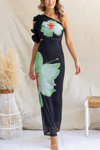 Floral Print One-shoulder Fitted Mesh Maxi Dress