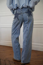 Stylish Denim Colorblock Star Patterned Mid Waist Pocket Wide Leg Jeans