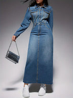 Zola Statement Long Sleeved Denim Maxi Dress Chic Silhouette Collection