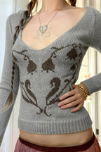 Retro Heart Floral Slouchy V-Neck Sweater