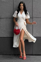 Cotton Print Tie Puff Sleeve Midi Dress