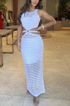 Stunning Gaze Knit Texture Ring Side Waist Cutout Stretch Maxi Dress（Note: top without lined, you can bring your own bra）