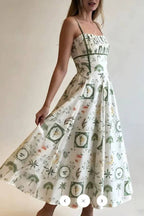 Tropical Plant Print Pleated Strap Waisted A-Line Midi Dress