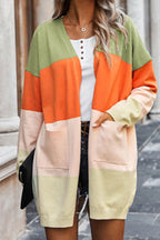 Contrasting rainbow paneled striped long cardigan sweater with pockets