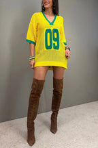 World Cup Digital Jacquard Loose V-neck Short-sleeved Knit Top