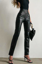 PU Leather Front Zipper Slim Fit Pants