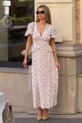 V-Neck Wrap Waist Puff Floral Dress