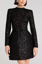 Edie Sequin High Neck Long Sleeve Satin Bow Belted Tulip Mini Dress