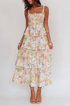 Floral Square Neck Cami Tiered Ruffle Maxi Dress