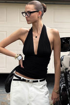 Solid Color Halter V Neck Backless Cami Top