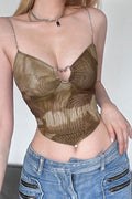 Heart Cut Out Metal Ring Sheer Cami Top
