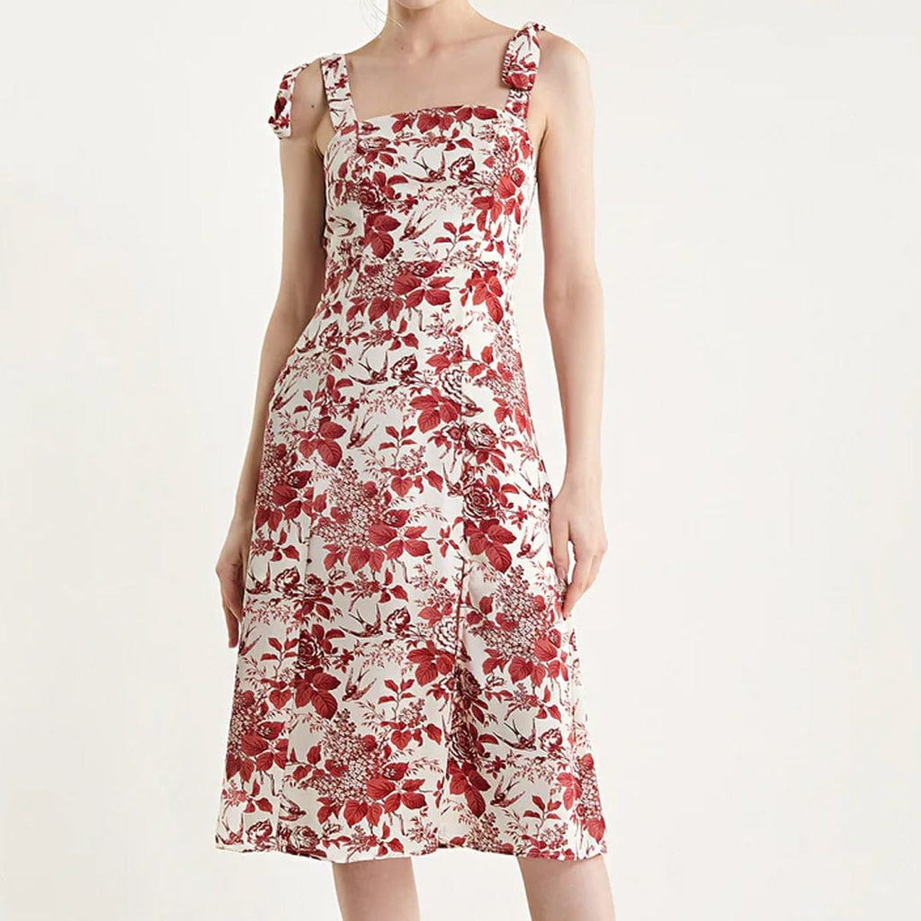 Beige Floral Print Tie Strap Slit Hem Midi Dress