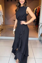 Moon Night Chiffon Crew Neck Sleeveless Irregular Layered Hem Maxi Dress