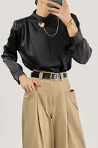 Black Mock Neck Ornamental Lantern Sleeve Blouse