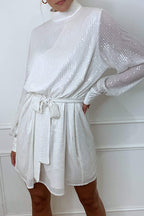 Fashionable Sequined Long-sleeved Belted Casual Mini Dress