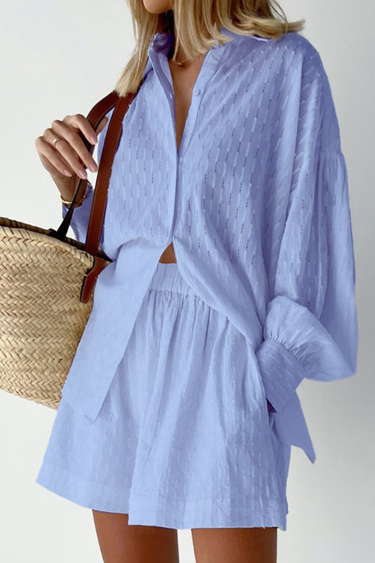 Textured Bubble Sleeve Blouse Casual Shorts Set