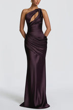 Emina Satin One Shoulder Asymmetrical Neck Cutout Back Lace-up Drape Maxi Dress