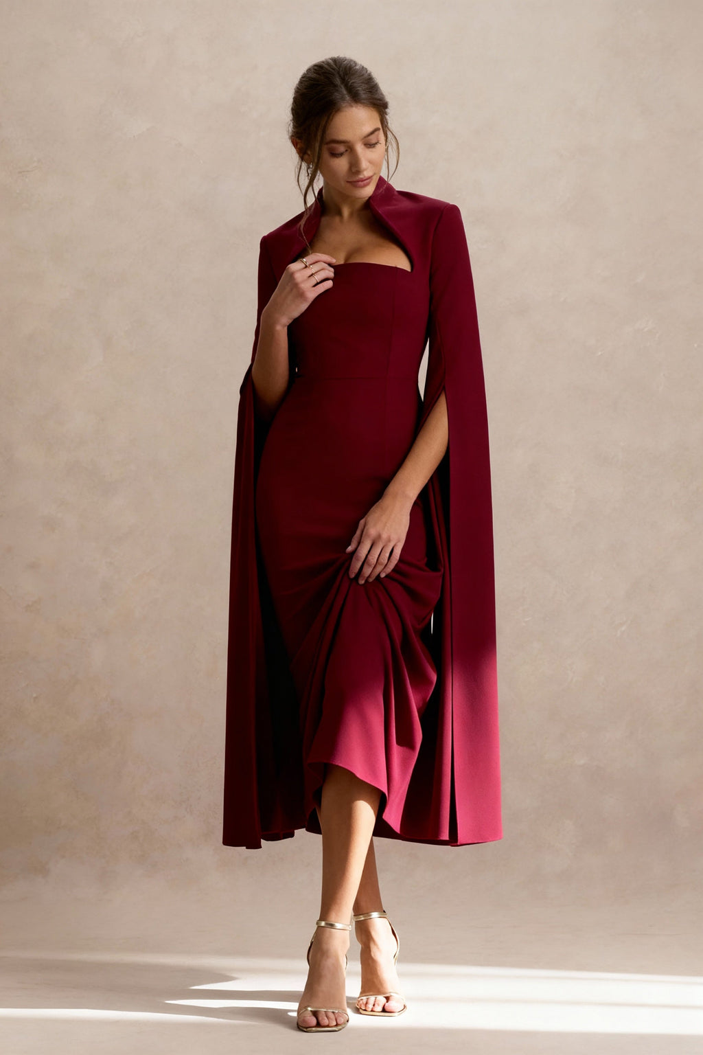 Cape Sleeve Slit Bodycon Midi Dress