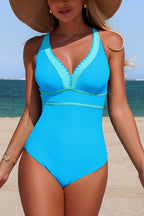 Stylish Color-blocked V-neck Stretch One-piece Swimsuit