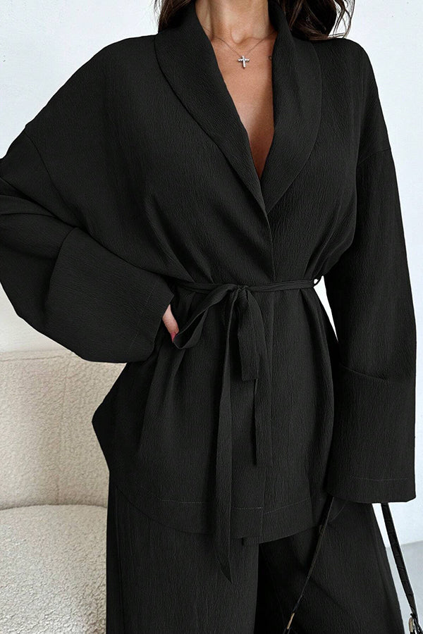 Solid Color Collared Long-sleeved Tie-waist Loose Top and Elastic Waist Casual Wide-leg Pants Set