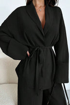 Solid Color Collared Long-sleeved Tie-waist Loose Top and Elastic Waist Casual Wide-leg Pants Set