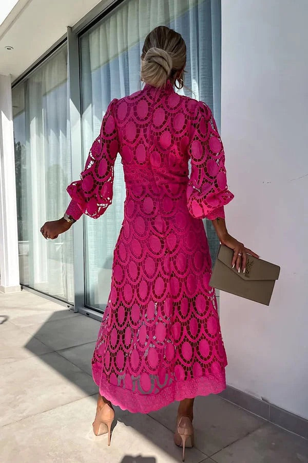 Francisca Premium Romantic, Sensual and Party Midi Dress with Crochet Lace and Lantern Sleeves Chic Silhouette Collection