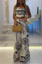 Elegant And Unique Ethnic Print Suspender Top And Wide-Leg Pants Set