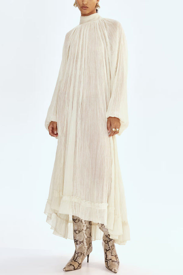 Solid Color High-neck Long-sleeved Loose Ruffle Maxi Dress