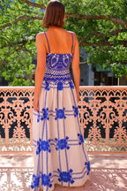 Elegant Lace Trim Blue-White Boho Dress