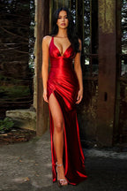 Satin V-Neck Slit Party Dress