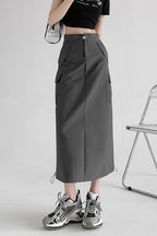 A-Line Gray Vintage Cargo High Slit Skirt