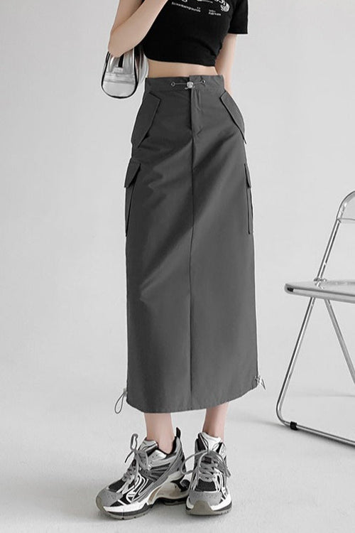 A-Line Gray Vintage Cargo High Slit Skirt