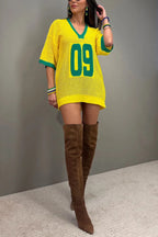 World Cup Digital Jacquard Loose V-neck Short-sleeved Knit Top