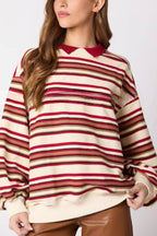 Striped Lapel Long-sleeved Top Loose Casual Sweatshirt