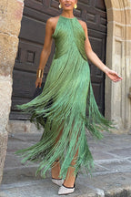 Fashion Sleeveless Halter Neck Elegant Tassel Slim Maxi Dress