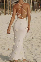 Floral Knit Backless Lace-Up Fitted Maxi Dress