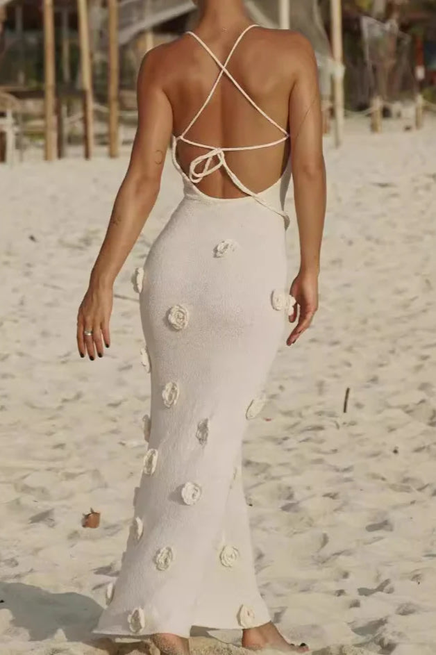 Floral Knit Backless Lace-Up Fitted Maxi Dress