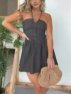 Lara Elevated Casual Lace Halter Neck Denim Dress Chic Silhouette Collection