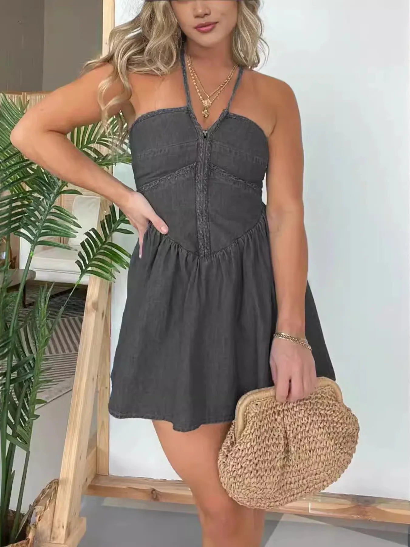 Lara Elevated Casual Lace Halter Neck Denim Dress Chic Silhouette Collection