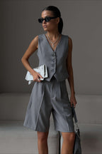 Casual V Neck Single Breasted Two Piece Vest Shorts Set