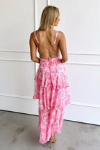Chiffon Halter Slim Ruffle Maxi Floral Dress