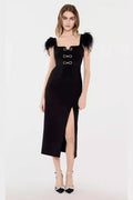 Square Neck Bow Feather Bandage Birthday Dress